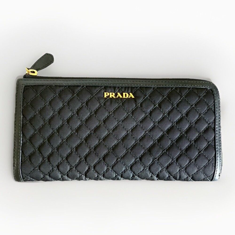 Auth PRADA Logo Zip-Around Black Nylon Leather Long Wallet W/ Box